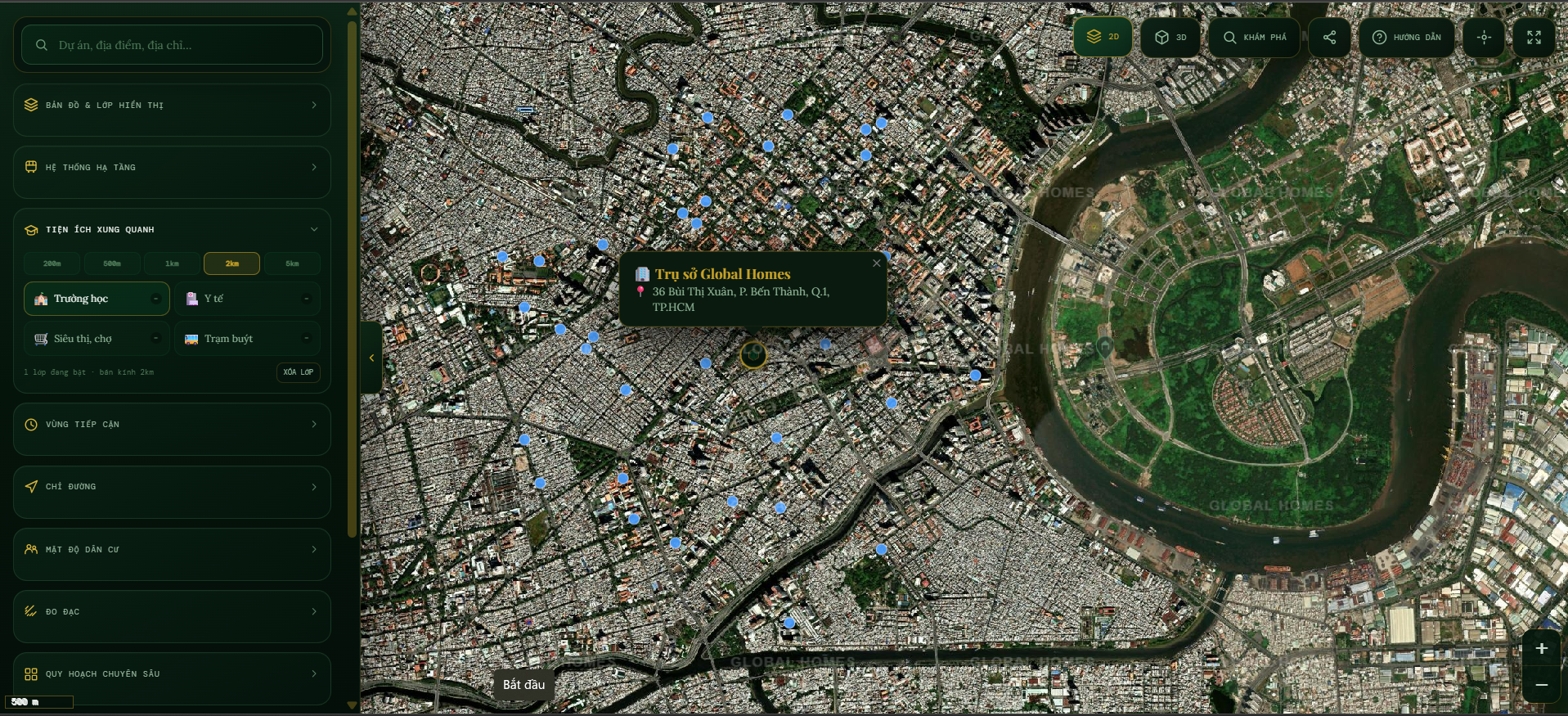 Bản đồ GH MAP hiển thị trường học quanh Global Homes bán kính 2km