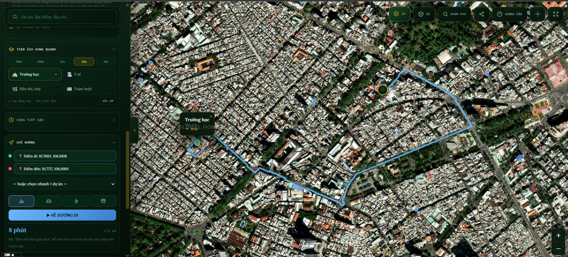 Bản đồ GH Map tính khoảng cách và thời gian đến trường